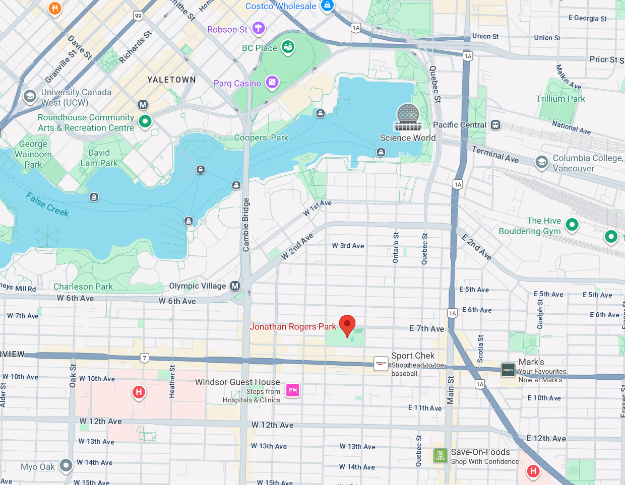 Google Maps screenshot showing the location of Jonathan Rogers Park 110 West 7th Ave. Vancouver